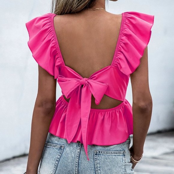 Boho Tie Back Ruffle Sleeve Peplum Blouse hot pink - Picture 2 of 4